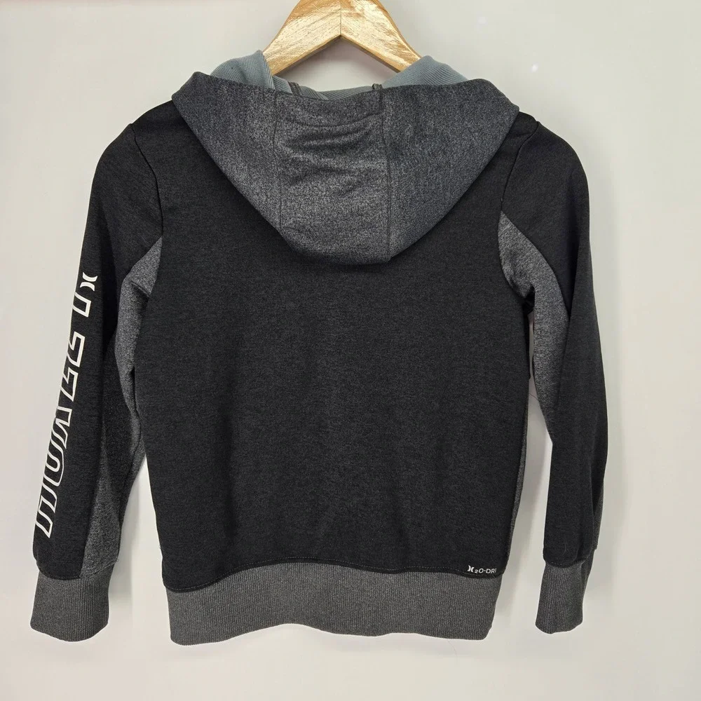 Hurley Full Zip Hoodie Boys Small 8-10 Gray Black H2O-DRI Sweatshirt Logo Sleeve